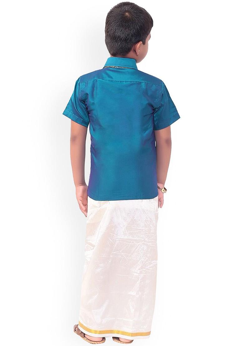 Blue Solid Blended Kurta Set For Boys - Indya