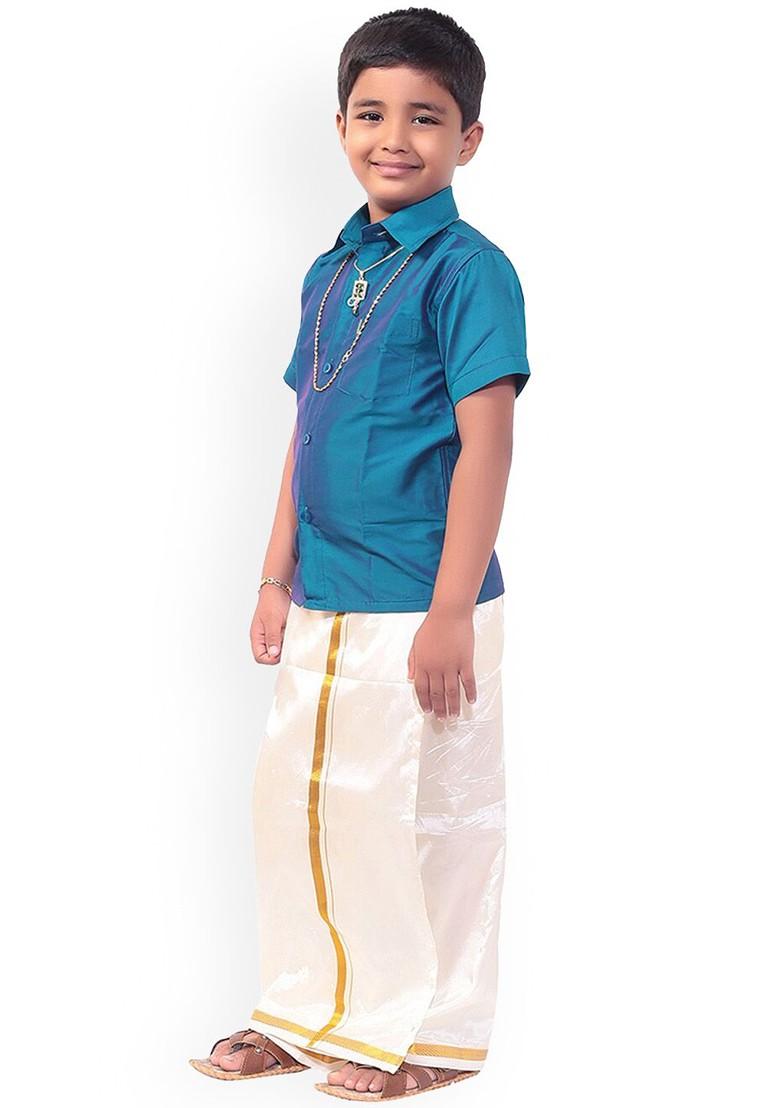 Blue Solid Blended Kurta Set For Boys - Indya