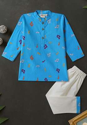 Blue Printed Cotton Kurta Set For Boys