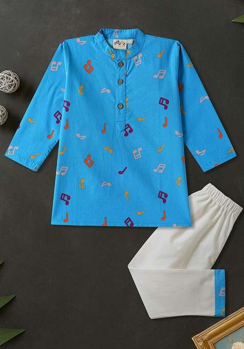 Blue Printed Cotton Kurta Set For Boys