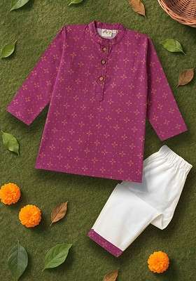 Magenta Printed Cotton Kurta Set For Boys