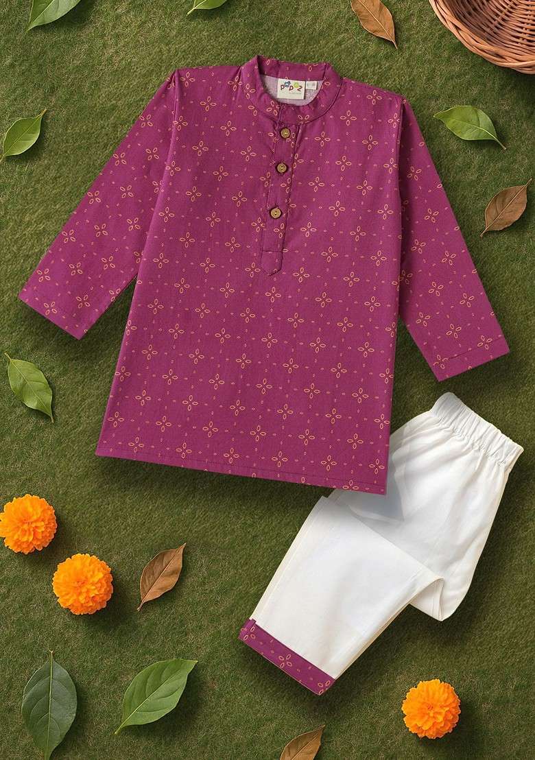 Magenta Printed Cotton Kurta Set For Boys - Indya