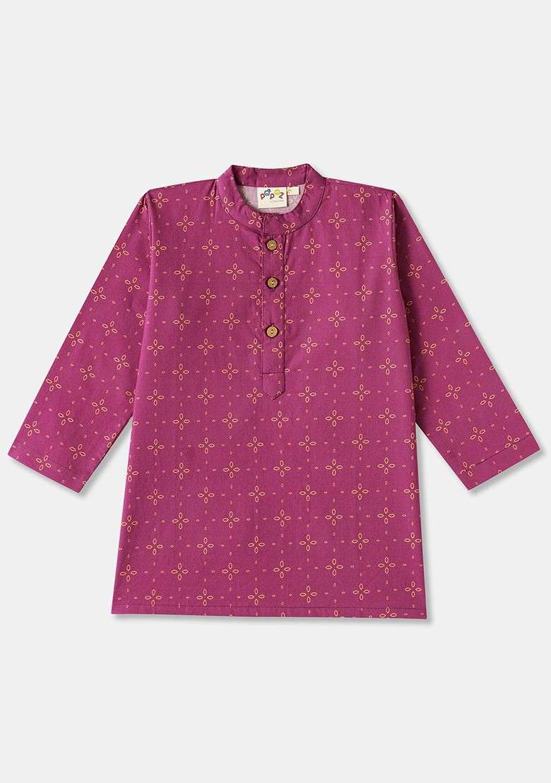 Magenta Printed Cotton Kurta Set For Boys - Indya