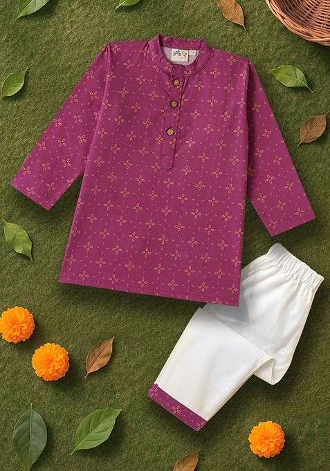 Magenta Printed Cotton Kurta Set For Boys