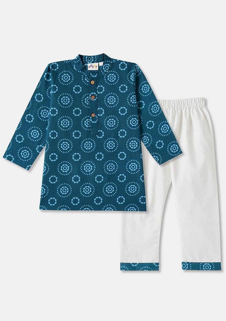 Navy Blue Printed Cotton Kurta Set For Boys - Indya