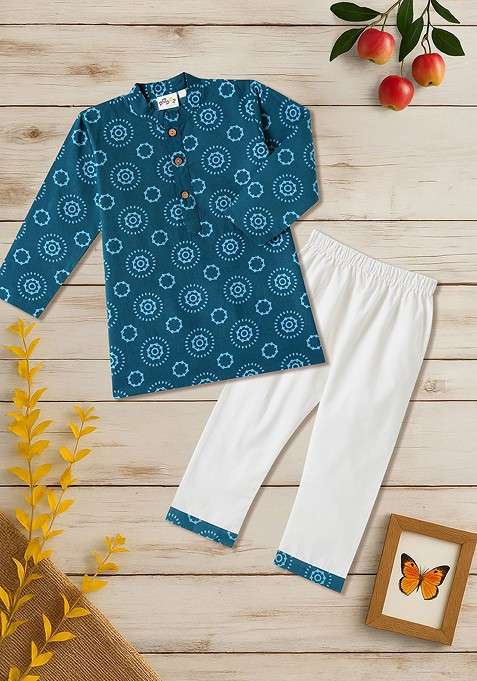 Navy Blue Printed Cotton Kurta Set For Boys