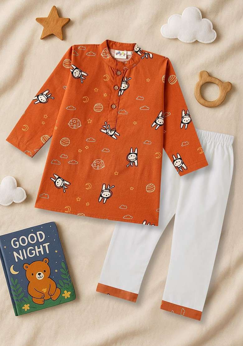 Rust Printed Cotton Kurta Set For Boys - Indya
