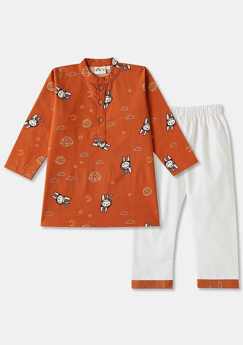 Rust Printed Cotton Kurta Set For Boys - Indya