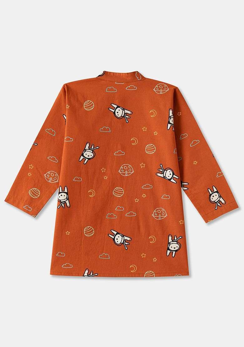 Rust Printed Cotton Kurta Set For Boys - Indya