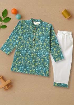 Teal Printed Cotton Kurta Set For Boys