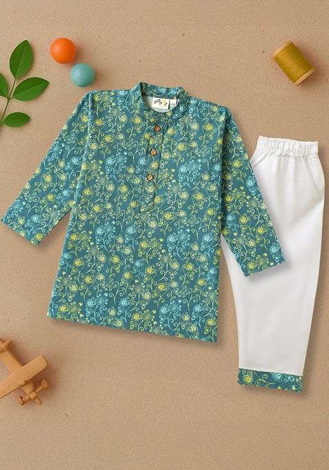 Teal Printed Cotton Kurta Set For Boys