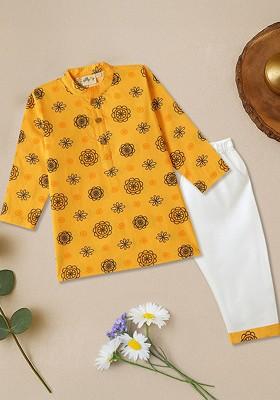 Gold Printed Cotton Kurta Set For Boys