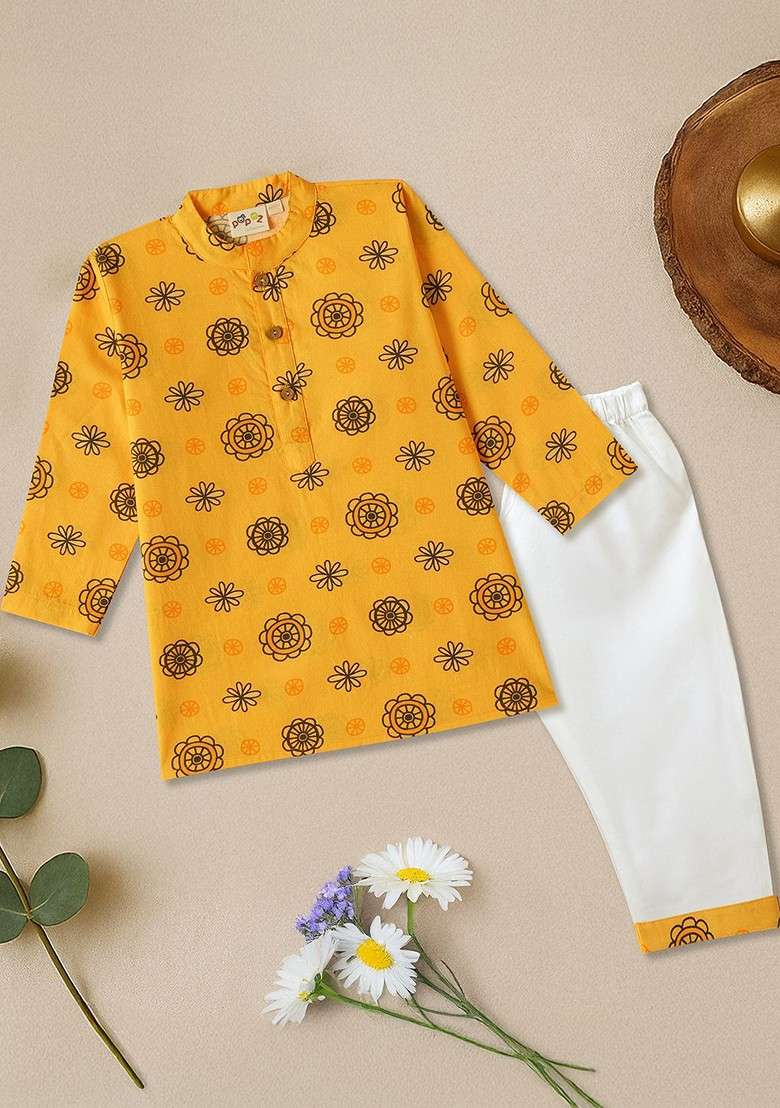 Gold Printed Cotton Kurta Set For Boys - Indya