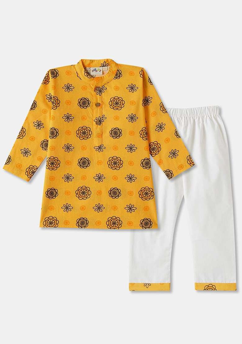 Gold Printed Cotton Kurta Set For Boys - Indya