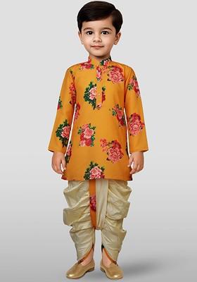 Yellow Printed Blended Kurta Dhoti Set For Boys