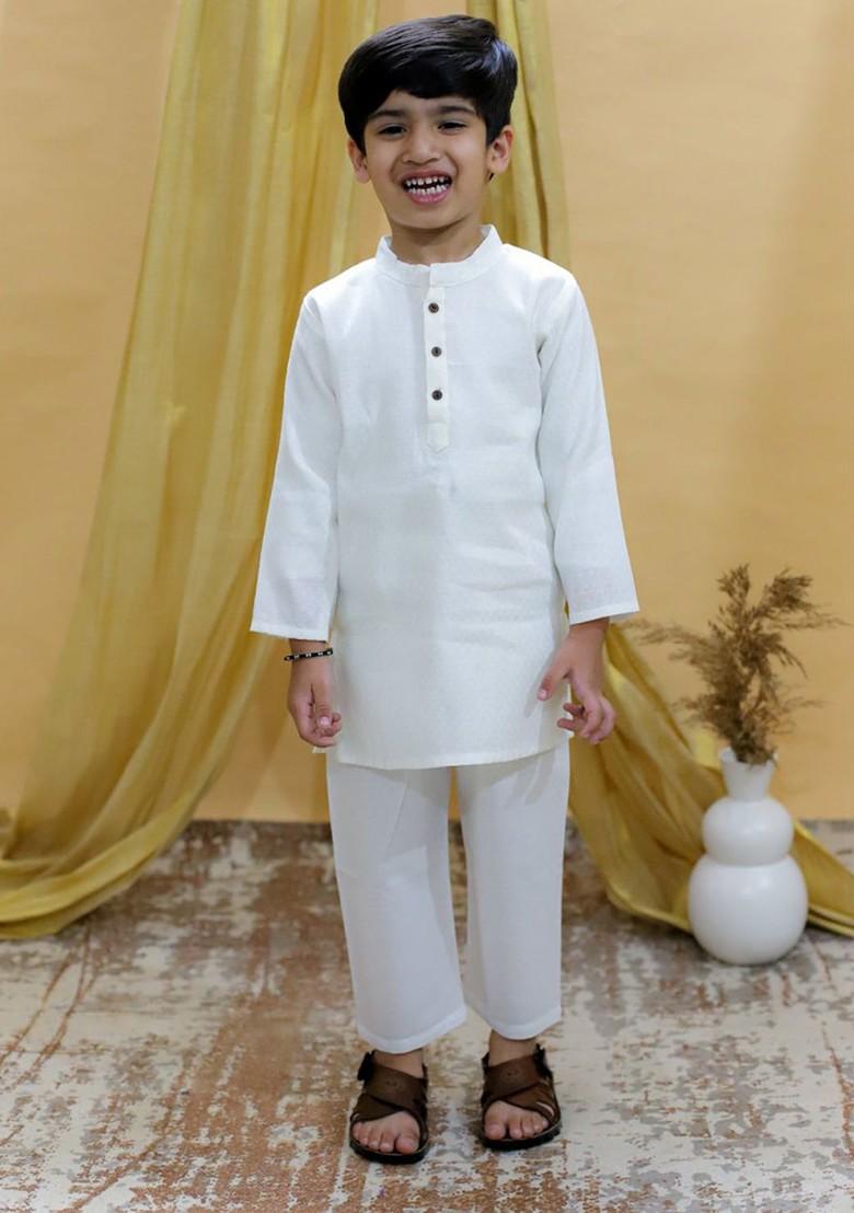White Embroidered Cotton Kurta Set For Boys - Indya