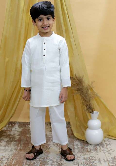 White Embroidered Cotton Kurta Set For Boys