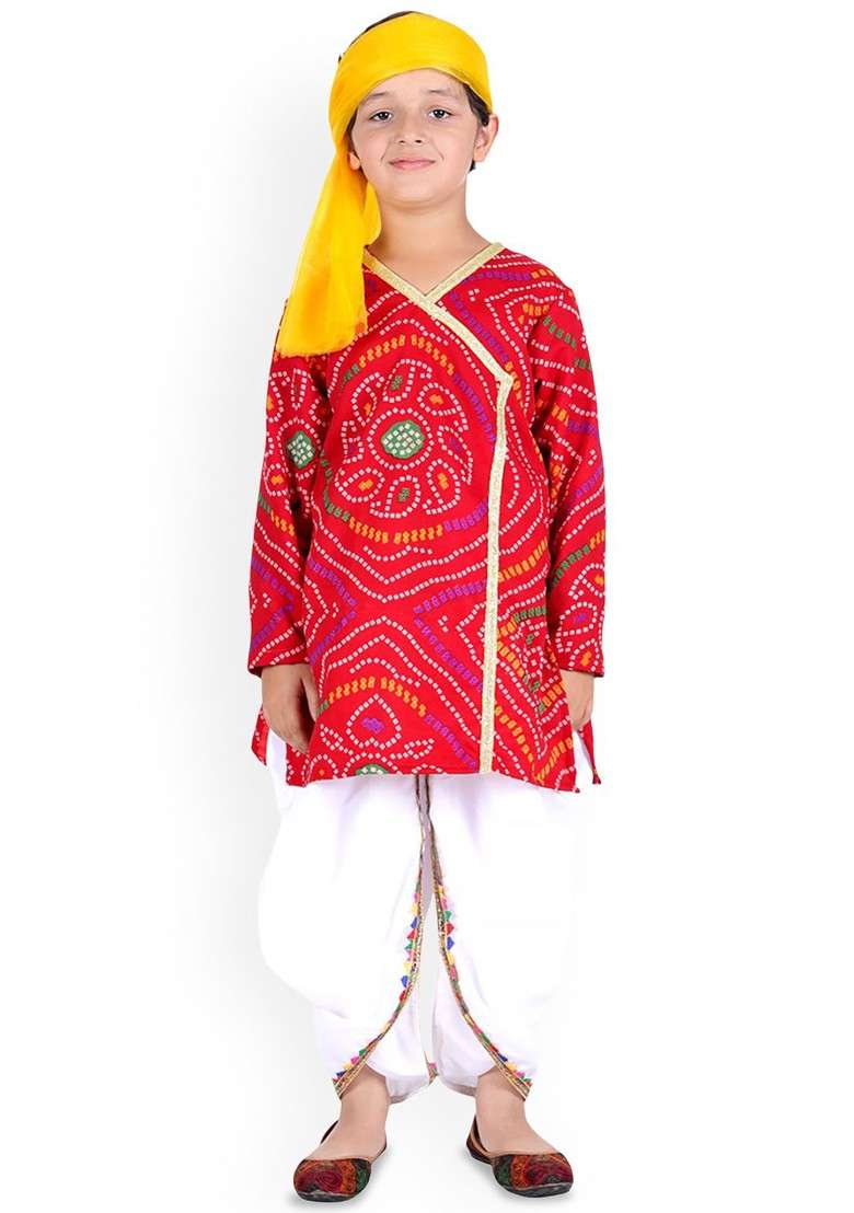 Red Printed Cotton Kurta Dhoti Set For Boys - Indya