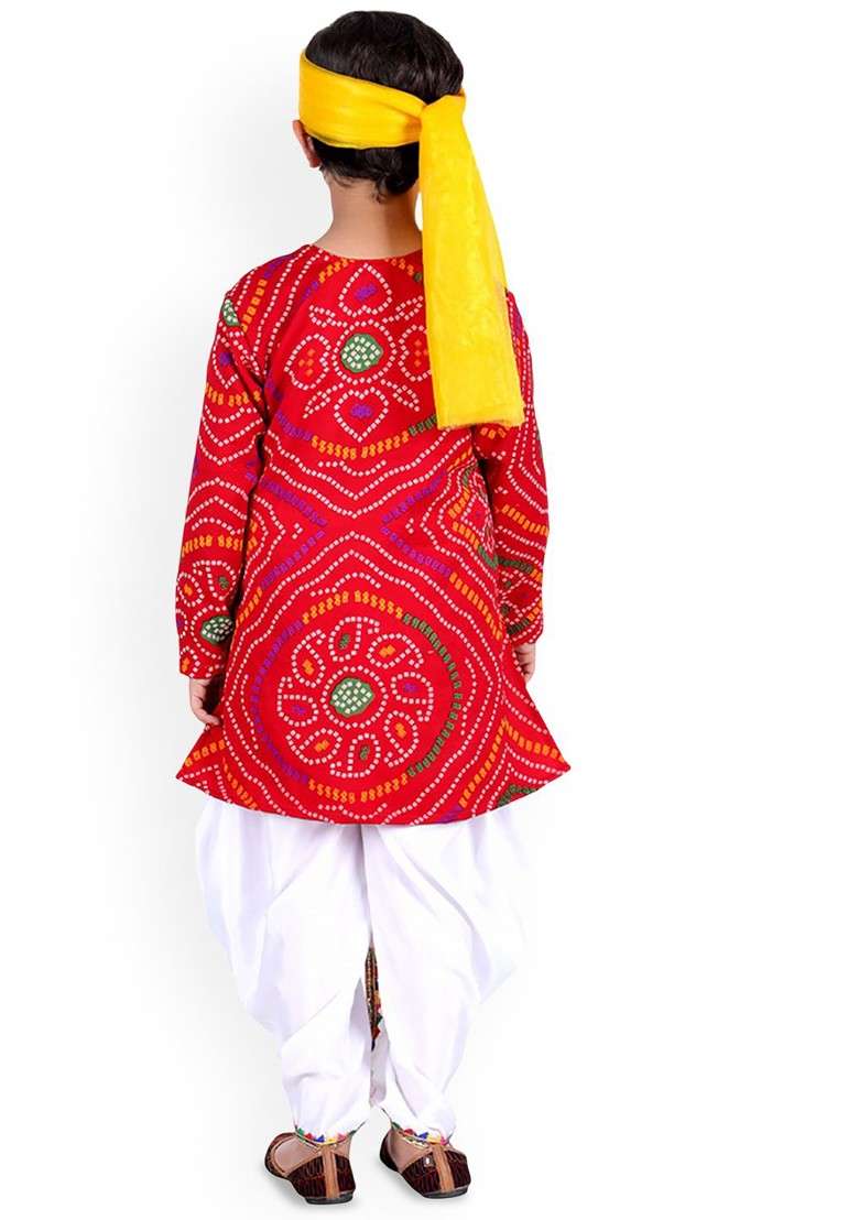 Red Printed Cotton Kurta Dhoti Set For Boys - Indya