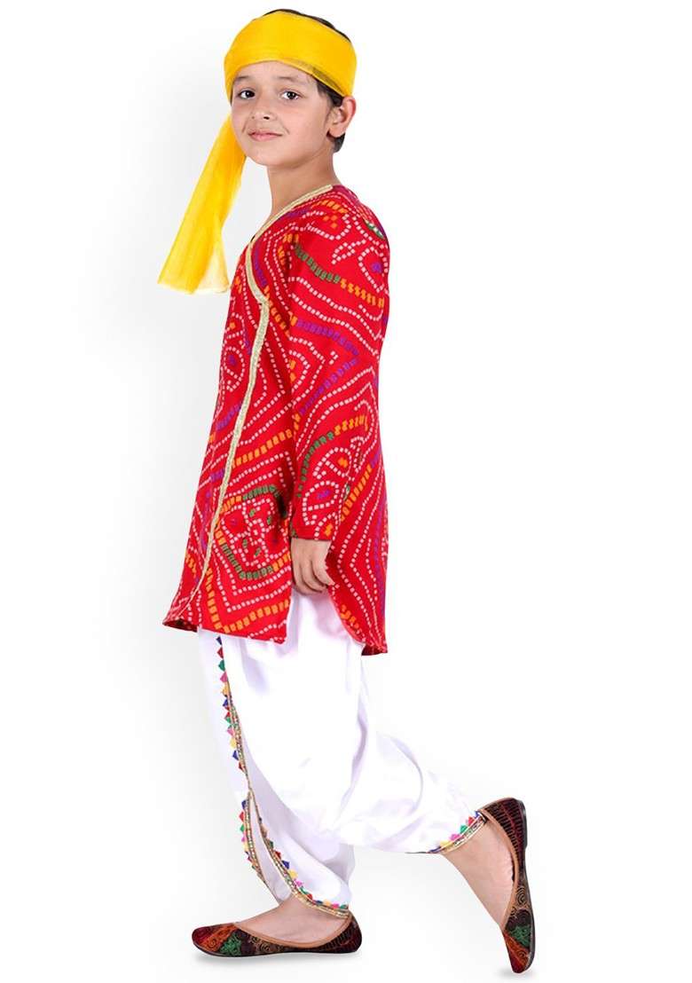 Red Printed Cotton Kurta Dhoti Set For Boys - Indya