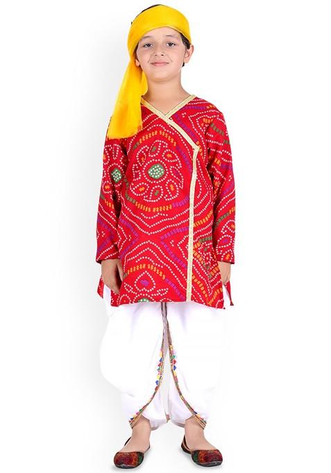 Red Printed Cotton Kurta Dhoti Set For Boys — view on Indya