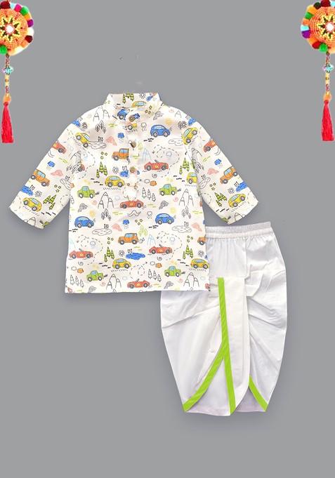 White Printed Blended Kurta Dhoti Set For Boys — view on Indya