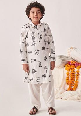 White Printed Blended Kurta Set For Boys