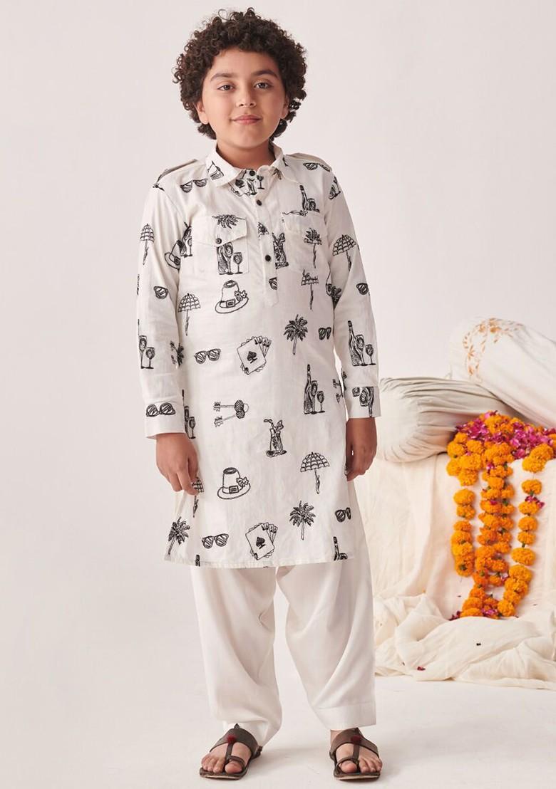 White Printed Blended Kurta Set For Boys - Indya