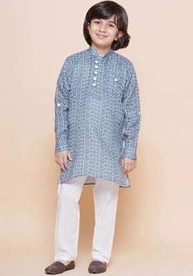 Blue Embroidered Cotton Kurta Set For Boys