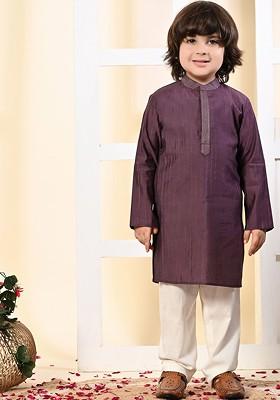 Purple Woven Design Blended Kurta Set For Boys