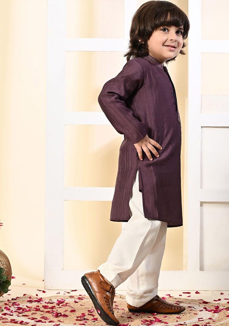 Purple Woven Design Blended Kurta Set For Boys - Indya