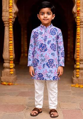 Purple Printed Cotton Kurta Set For Boys