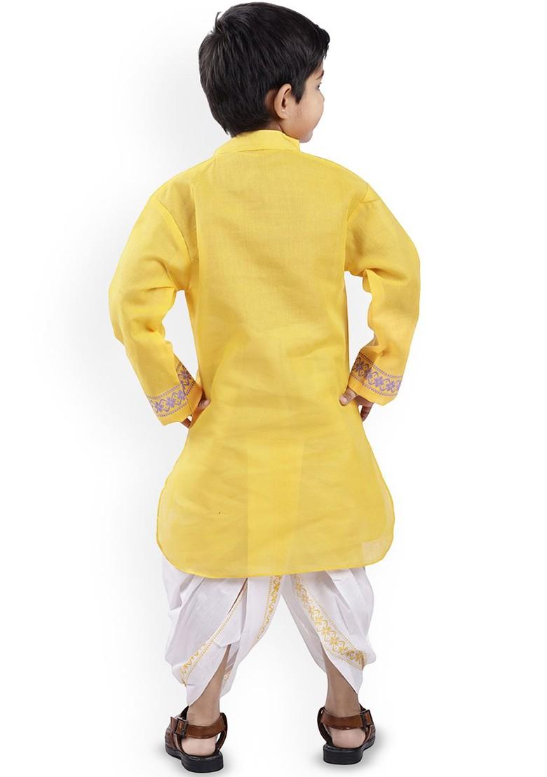 Yellow Printed Blended Kurta Dhoti Set For Boys - Indya