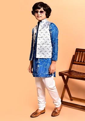 Blue Printed Blended Nehru Jacket Set For Boys
