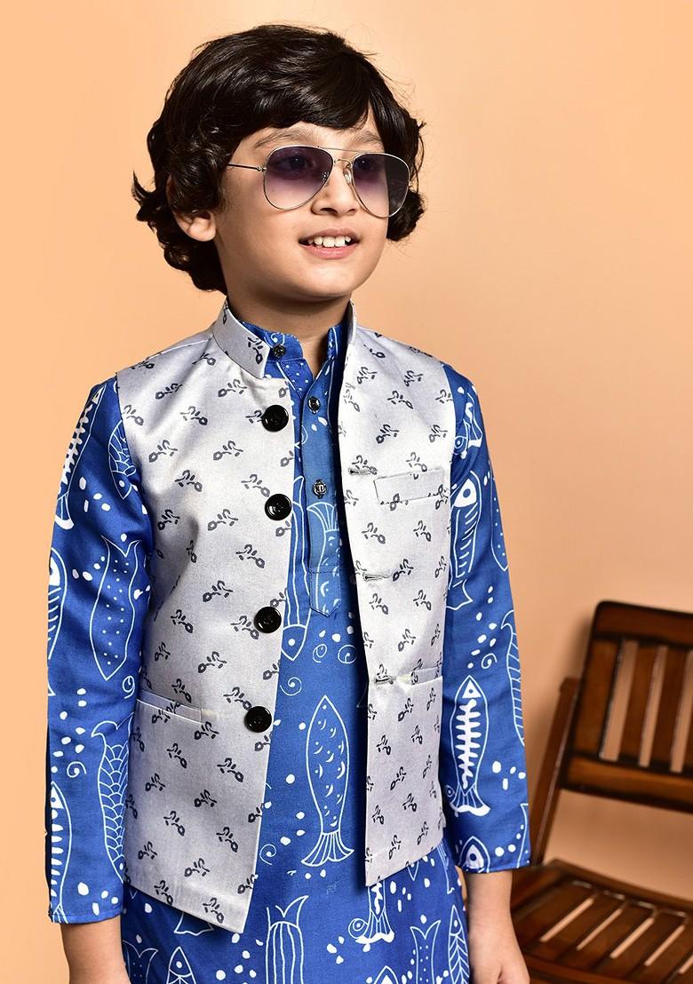 Blue Printed Blended Nehru Jacket Set For Boys - Indya