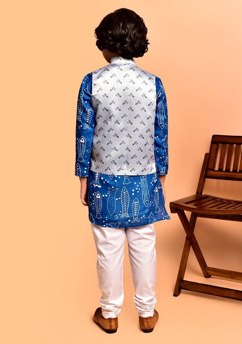Blue Printed Blended Nehru Jacket Set For Boys - Indya