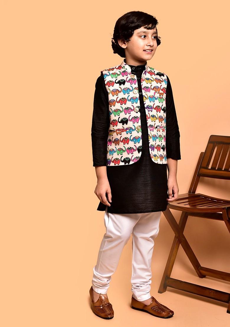 Black Embroidered Blended Nehru Jacket Set For Boys - Indya