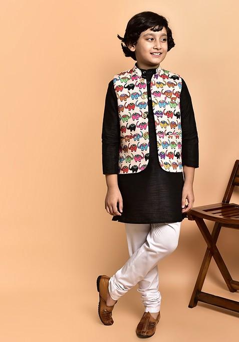 Black Embroidered Blended Nehru Jacket Set For Boys