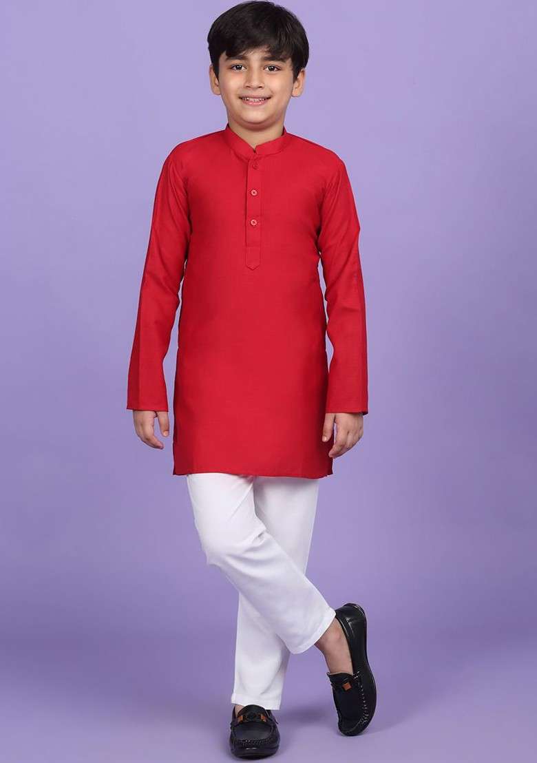 Red Embroidered Blended Kurta Set For Boys - Indya