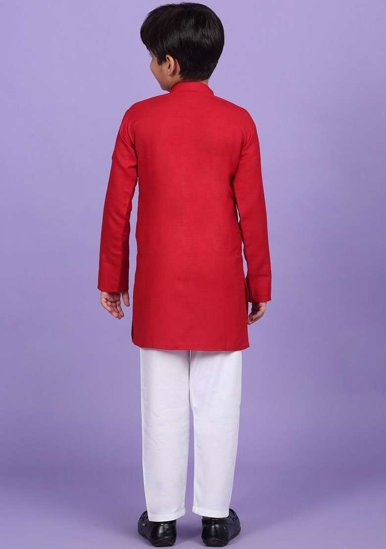 Red Embroidered Blended Kurta Set For Boys - Indya