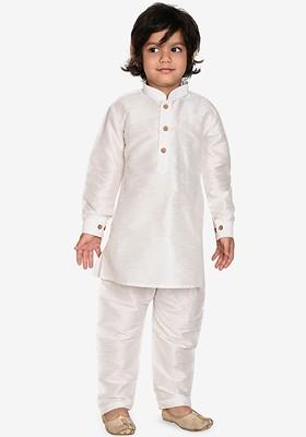 White Thread Work Blended Kurta Set For Boys