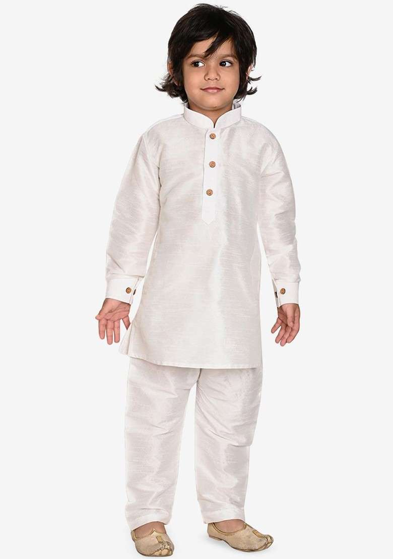 White Thread Work Blended Kurta Set For Boys - Indya