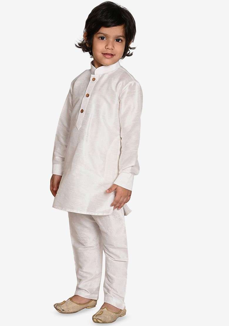 White Thread Work Blended Kurta Set For Boys - Indya