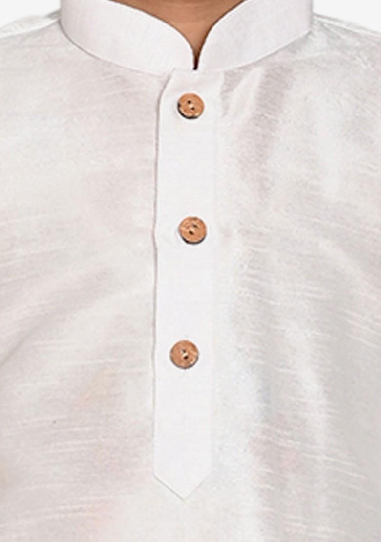 White Thread Work Blended Kurta Set For Boys - Indya