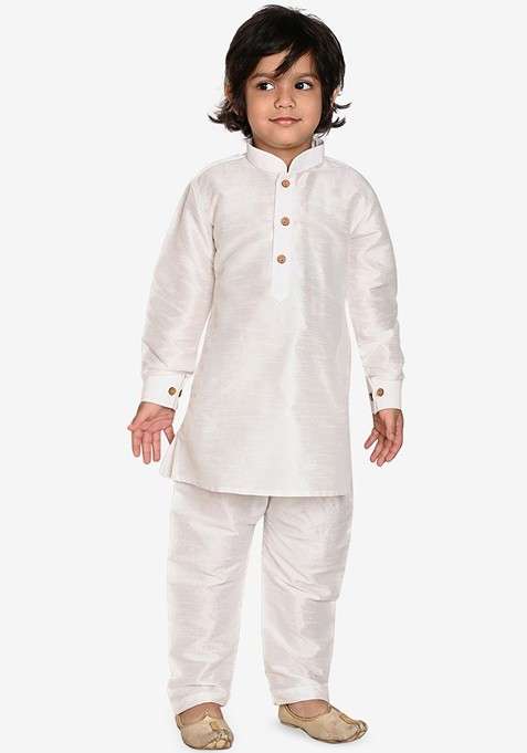 White Thread Work Blended Kurta Set For Boys