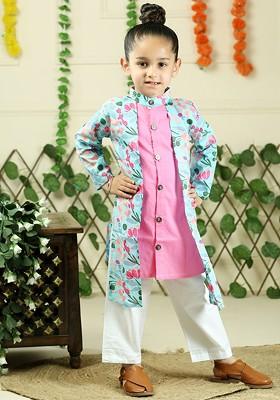 Pink Printed Cotton Kurta Set For Boys