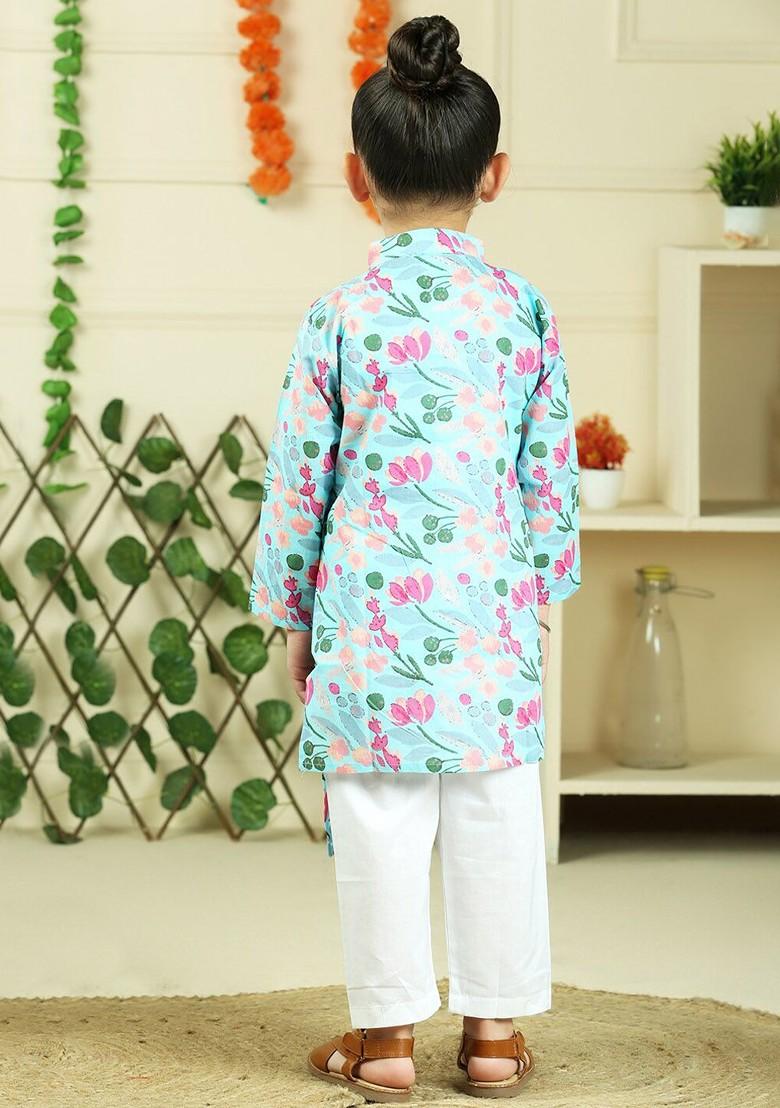 Pink Printed Cotton Kurta Set For Boys - Indya