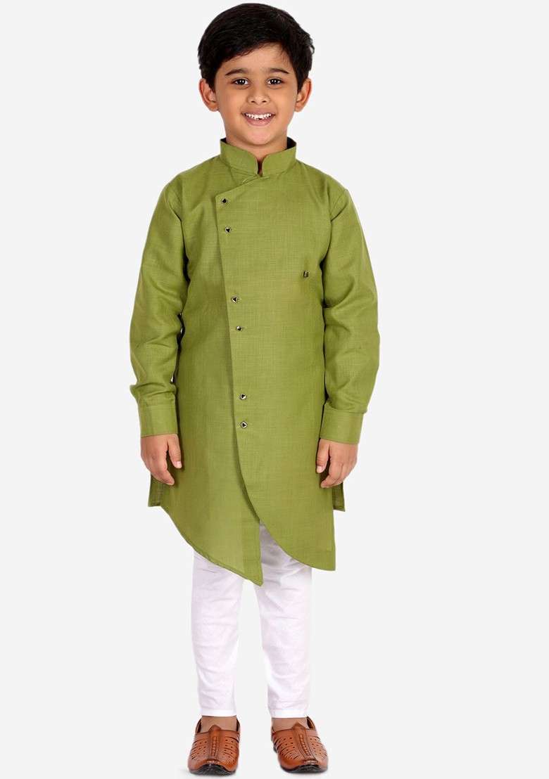 Green Embroidered Blended Kurta Set For Boys - Indya