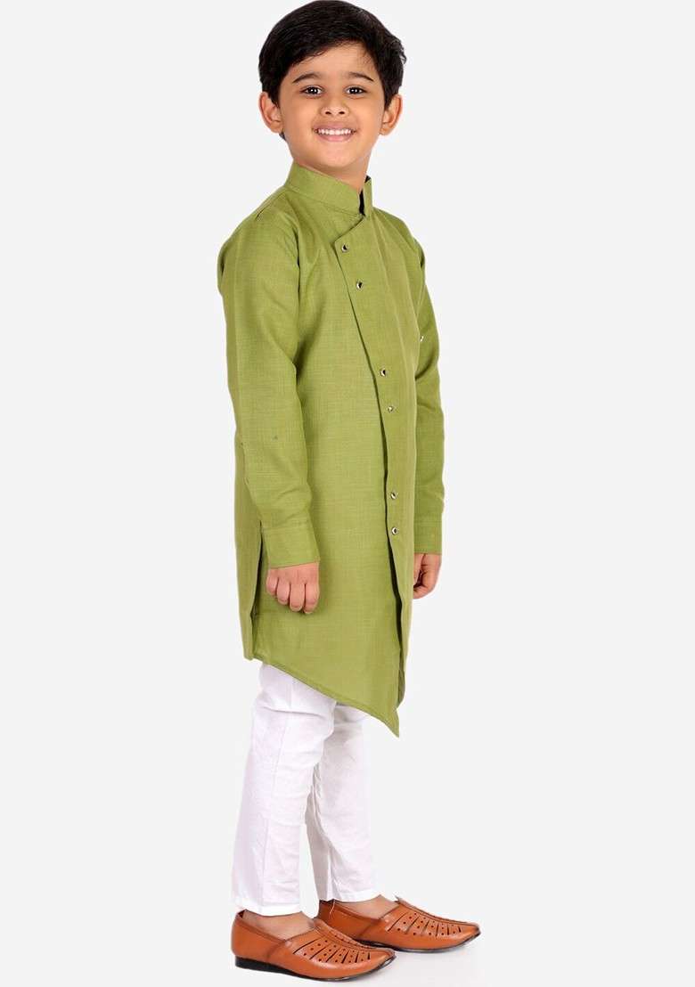 Green Embroidered Blended Kurta Set For Boys - Indya