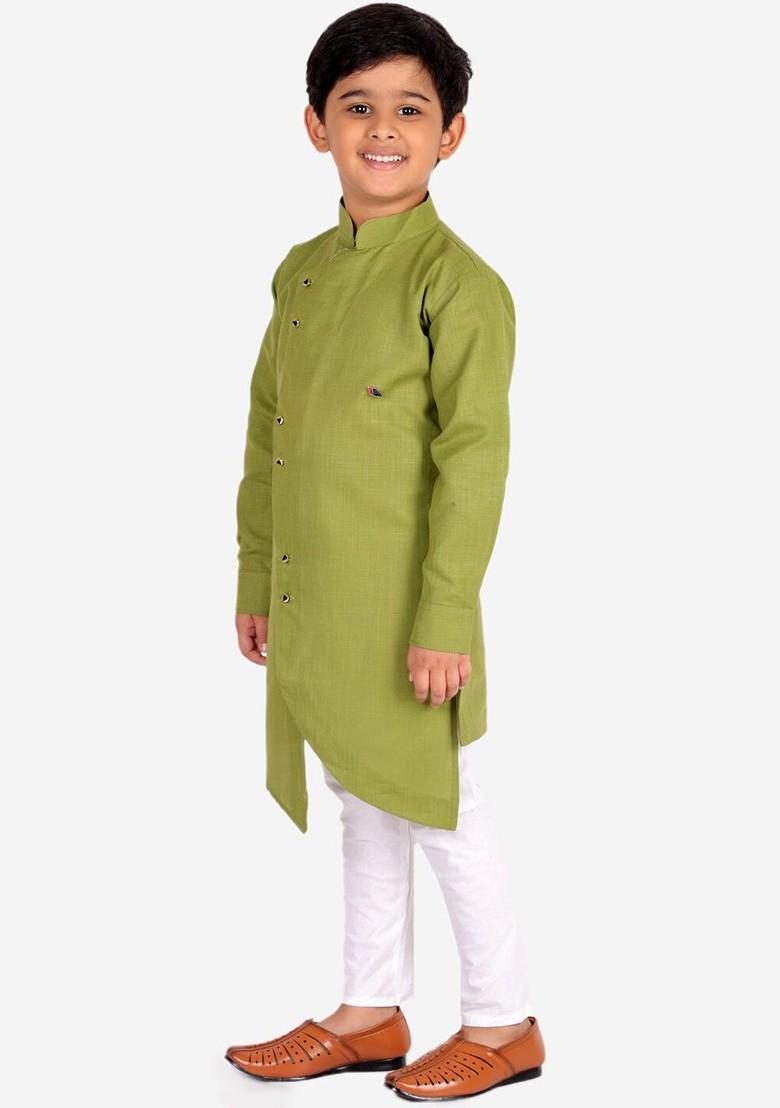Green Embroidered Blended Kurta Set For Boys - Indya